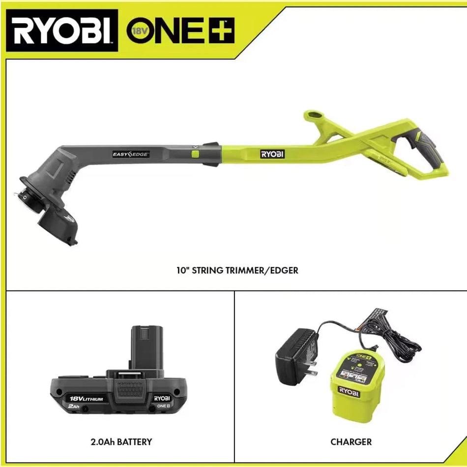 RYOBI PCLST01K ONE+ 18V 10 in. Cordless String Trimmer/Edger w/ 2.0 Ah Battery & Charger USED.