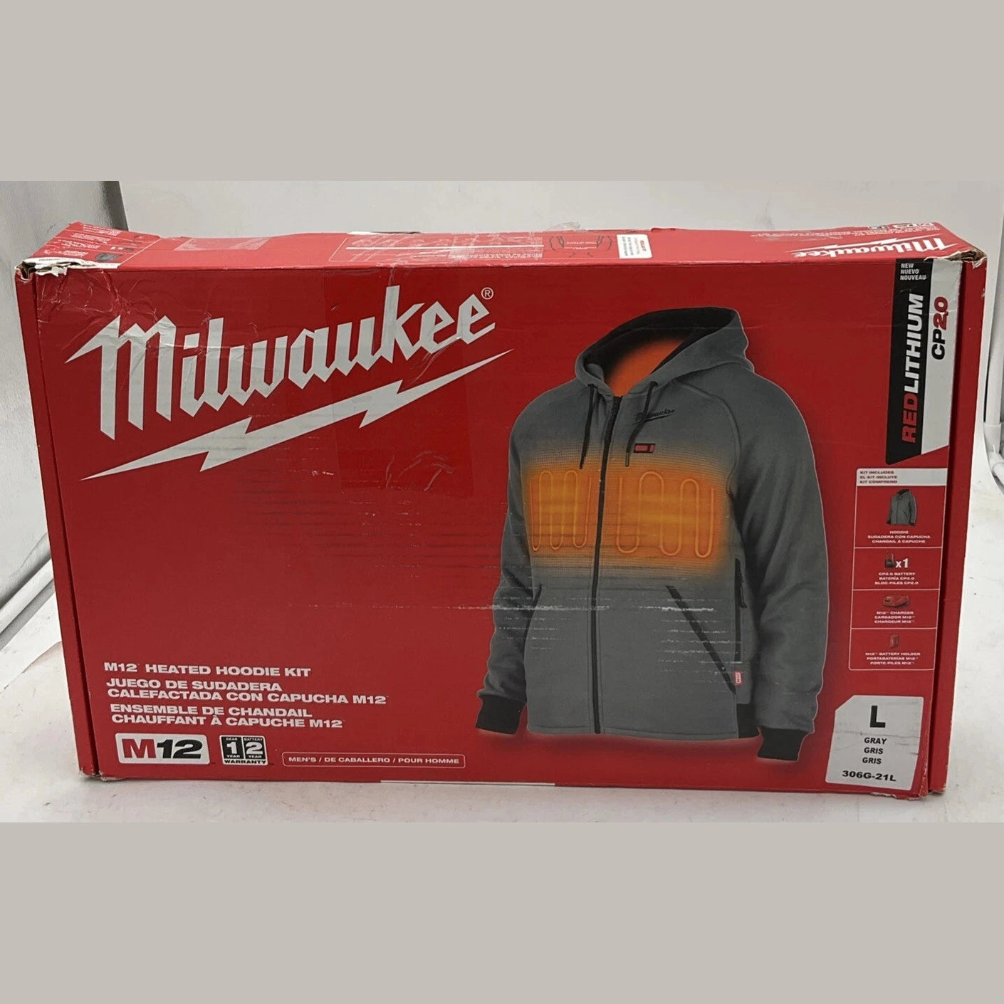 NEW Milwaukee 306G-21L M12 12V Durable Carbon Fiber Heated Gray Hoodie Kit - Large