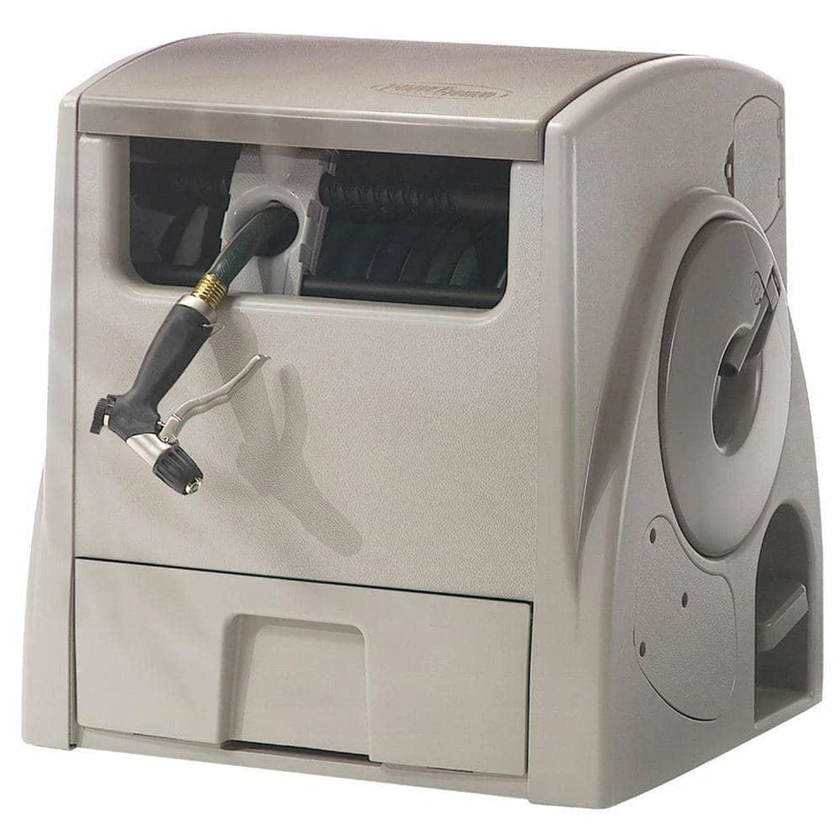 USED Suncast 100 ft. Powerwind Automatic Rewind Hose Reel Battery-powered Container.